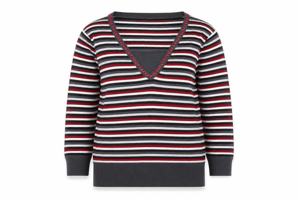 Front view of Country Casuals women’s multicoloured v-neck striped beaded long sleeve jumper, size L