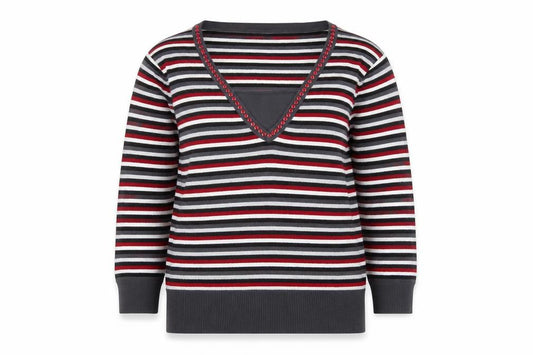Front view of Country Casuals women’s multicoloured v-neck striped beaded long sleeve jumper, size L