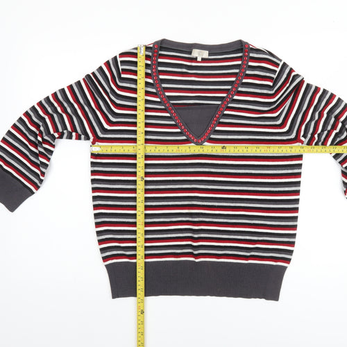 CC Womens Multicoloured V-Neck Striped Beaded Long Sleeve Jumper Size L