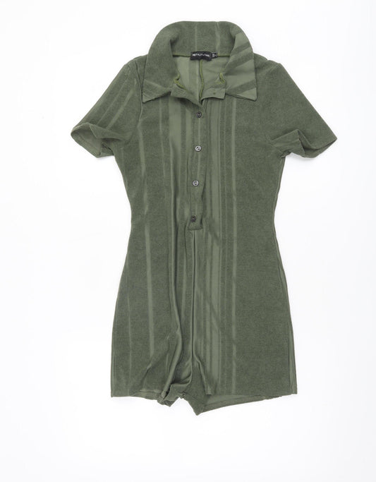 PrettyLittleThing Women’s Green Size 8 Collared Short Sleeve Playsuit