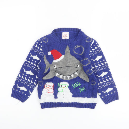 George Boys Blue Santa Jaws Christmas Jumper 2-3 Years Acrylic Knit
