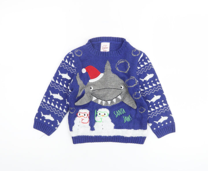 George Boys Blue Santa Jaws Christmas Jumper 2-3 Years Acrylic Knit