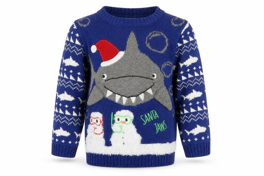 George Boys Blue Santa Jaws Christmas Jumper 2-3 Years Acrylic Knit