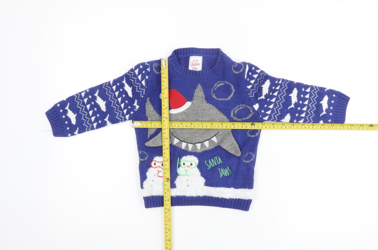 George Boys Blue Santa Jaws Christmas Jumper 2-3 Years Acrylic Knit