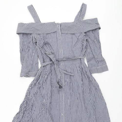 Oasis Women Blue Striped Off Shoulder Shirt Dress Size 12