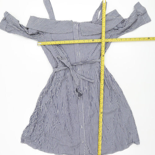 Oasis Women Blue Striped Off Shoulder Shirt Dress Size 12
