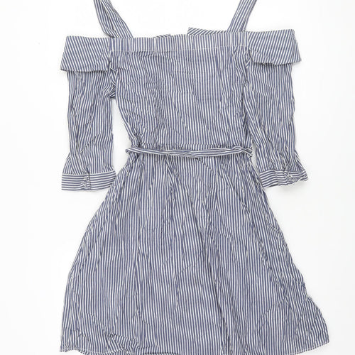 Oasis Women Blue Striped Off Shoulder Shirt Dress Size 12