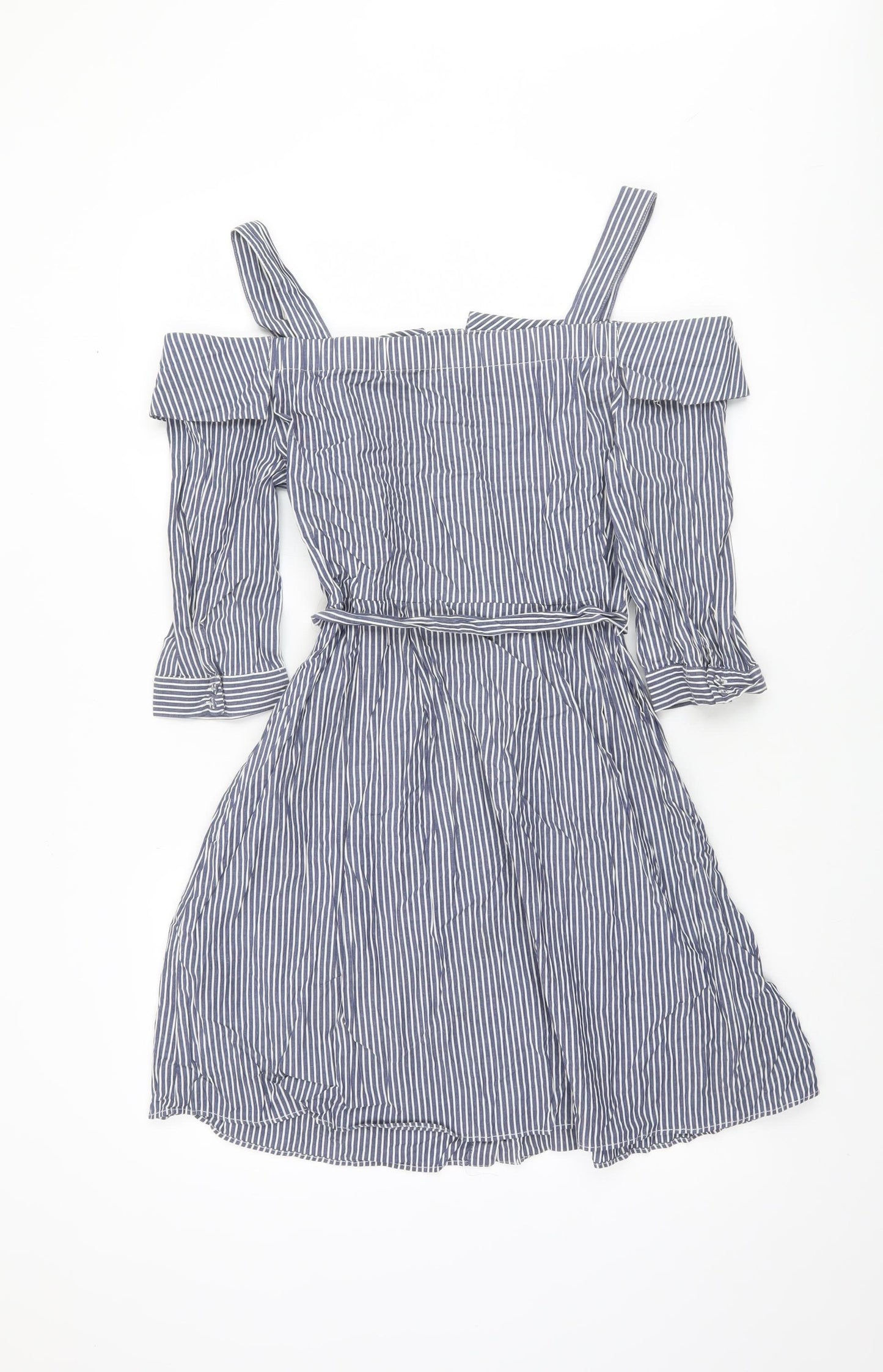 Oasis Women Blue Striped Off Shoulder Shirt Dress Size 12