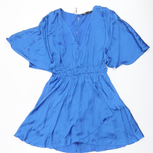 Zara Women Blue Fit & Flare Short Sleeve Short Dress M