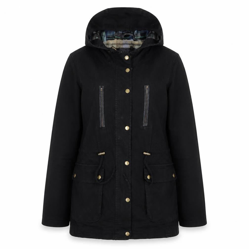 Modo Women Black Cotton Hooded Parka Jacket UK 12