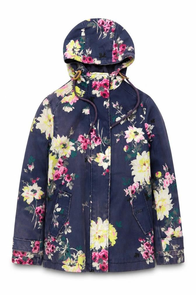 Joules Womens Blue Floral Waterproof Hooded Rain Coat Size 8