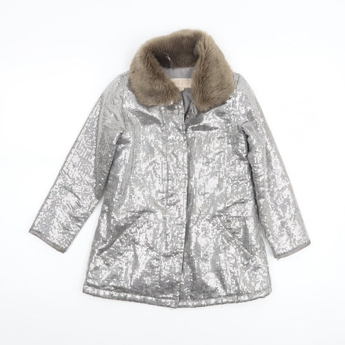 Teni Vici Girls Silver Sequin Faux Fur Collar Winter Puffer Coat 6-7 Years