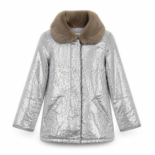 Teni Vici Girls Silver Sequin Faux Fur Collar Winter Puffer Coat 6-7 Years