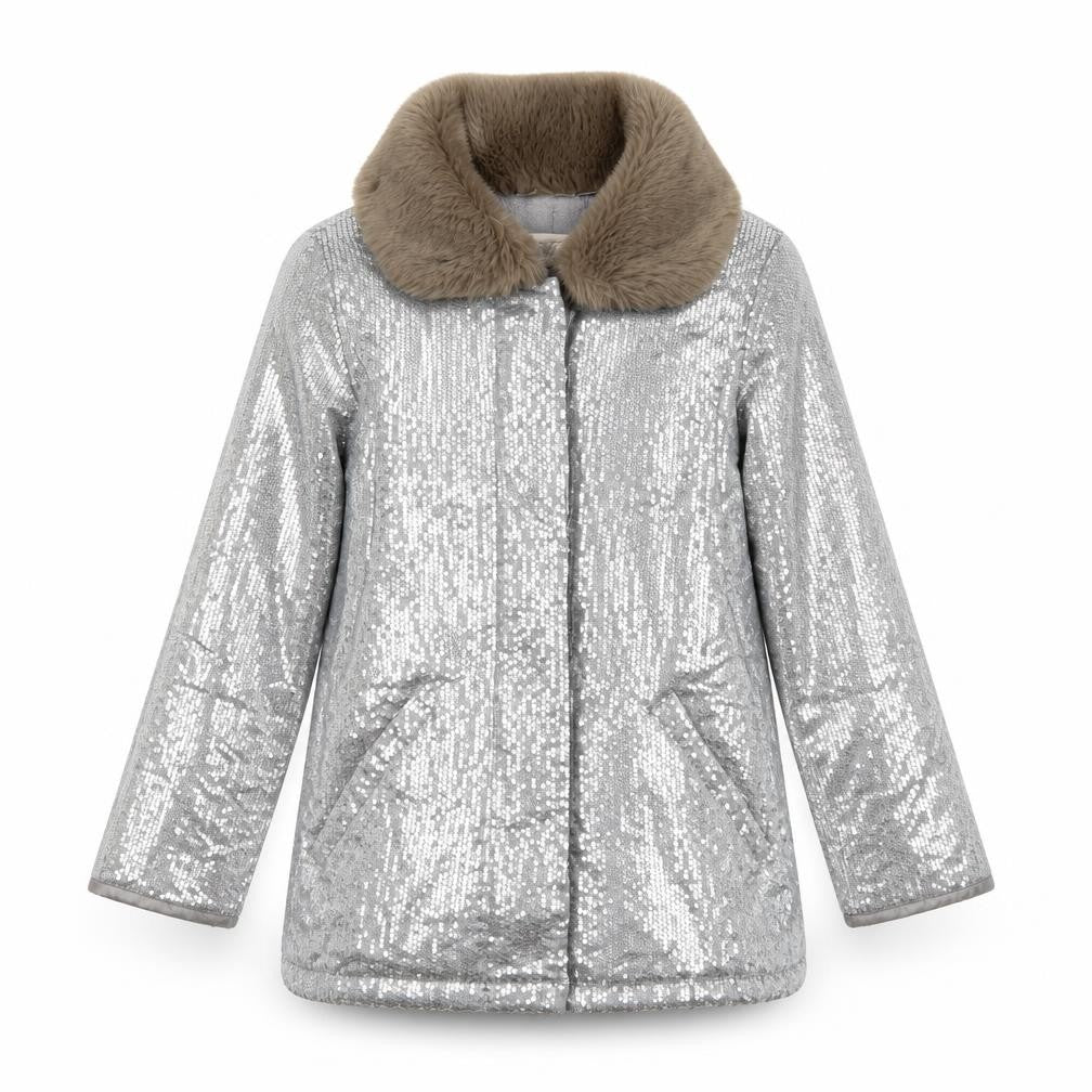 Teni Vici Girls Silver Sequin Faux Fur Collar Winter Puffer Coat 6-7 Years