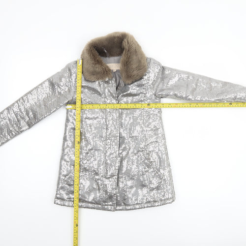 Teni Vici Girls Silver Sequin Faux Fur Collar Winter Puffer Coat 6-7 Years