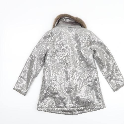 Teni Vici Girls Silver Sequin Faux Fur Collar Winter Puffer Coat 6-7 Years