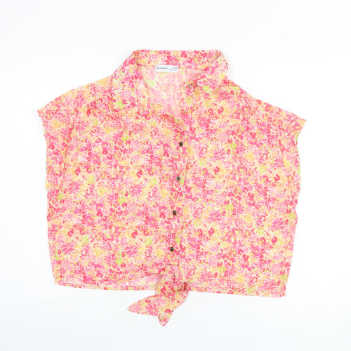 Blue Navy Women's Pink Floral Cropped Chiffon Blouse M