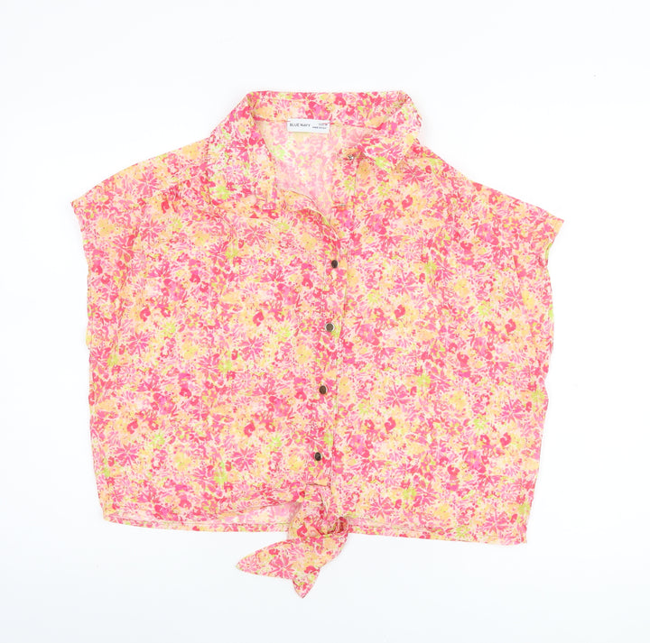 Blue Navy Women's Pink Floral Cropped Chiffon Blouse M