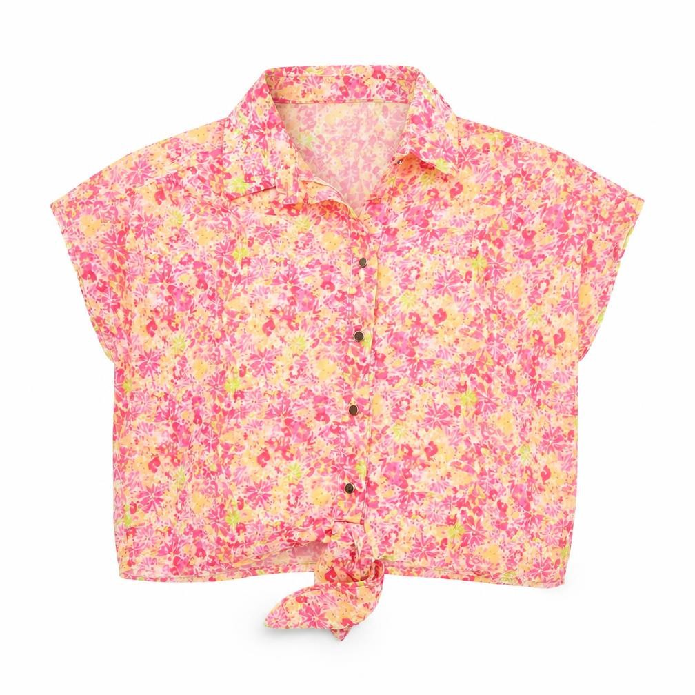 Front view of Blue Navy Women's Pink Floral Cropped Chiffon Blouse M