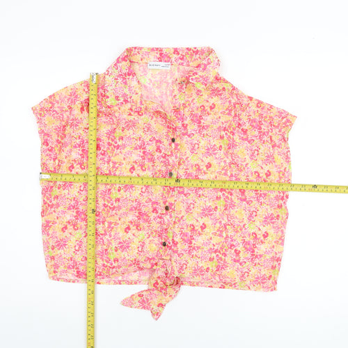 Blue Navy Women's Pink Floral Cropped Chiffon Blouse M