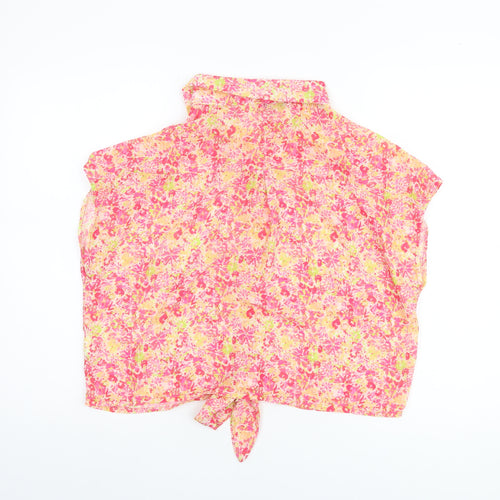 Blue Navy Women's Pink Floral Cropped Chiffon Blouse M