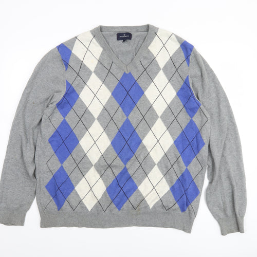 Marks and Spencer Blue Harbour Mens Grey Argyle V-Neck Jumper XL Cotton