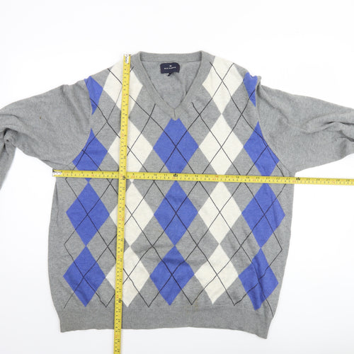 Marks and Spencer Blue Harbour Mens Grey Argyle V-Neck Jumper XL Cotton