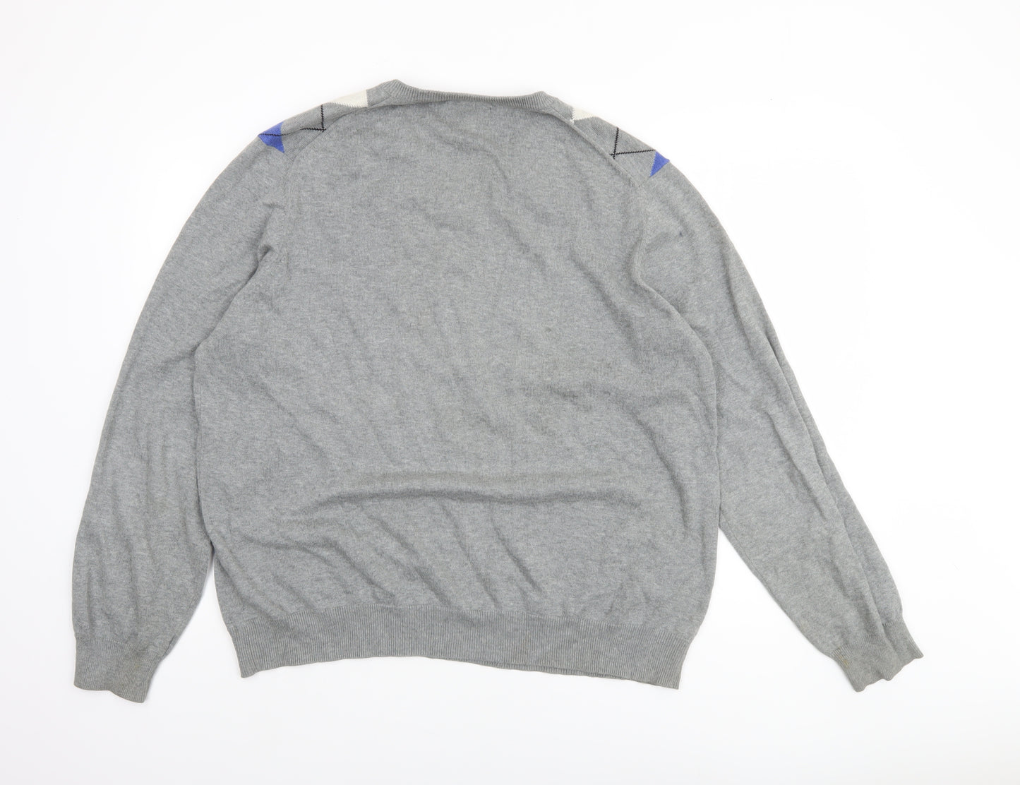 Marks and Spencer Blue Harbour Mens Grey Argyle V-Neck Jumper XL Cotton