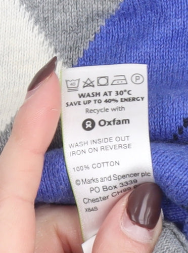 Marks and Spencer Blue Harbour Mens Grey Argyle V-Neck Jumper XL Cotton