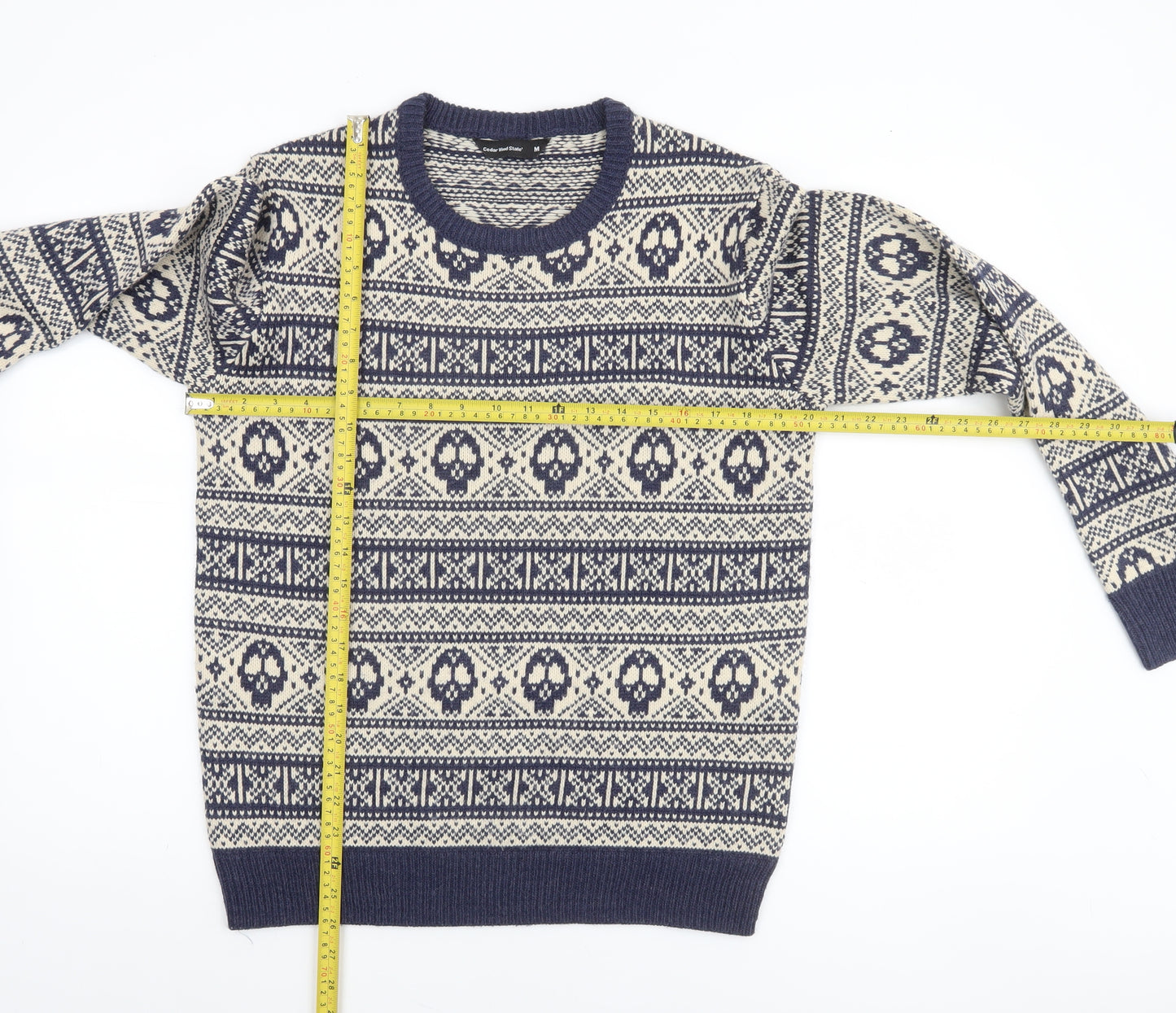 Cedar Wood State Men's Blue Skull Fair Isle Knit Jumper M