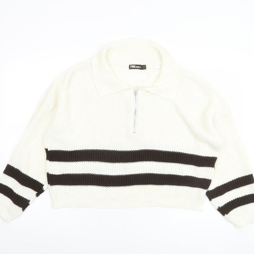 Pink Vanilla Women’s White Striped Collared Half Zip Jumper Size S