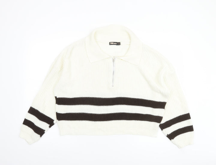 Pink Vanilla Women’s White Striped Collared Half Zip Jumper Size S