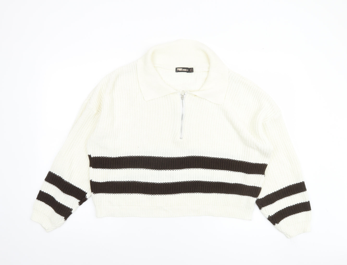 Pink Vanilla Women’s White Striped Collared Half Zip Jumper Size S
