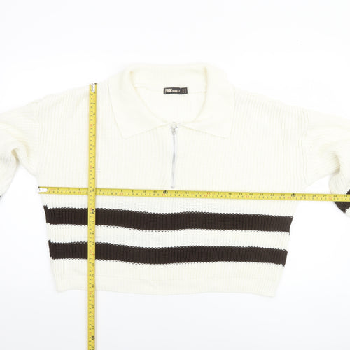 Pink Vanilla Women’s White Striped Collared Half Zip Jumper Size S