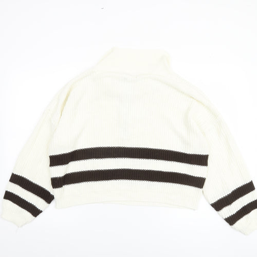 Pink Vanilla Women’s White Striped Collared Half Zip Jumper Size S