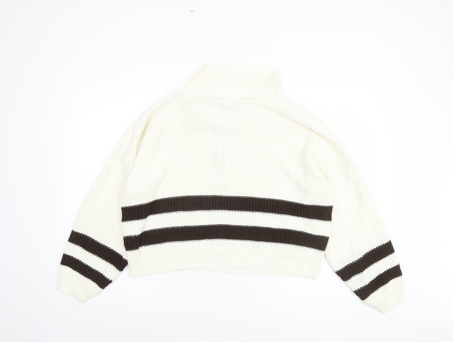 Pink Vanilla Women’s White Striped Collared Half Zip Jumper Size S