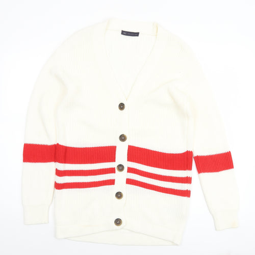 Marks and Spencer Women Ivory Red Striped V-Neck Cardigan Size S
