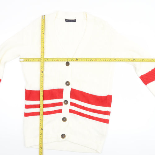 Marks and Spencer Women Ivory Red Striped V-Neck Cardigan Size S