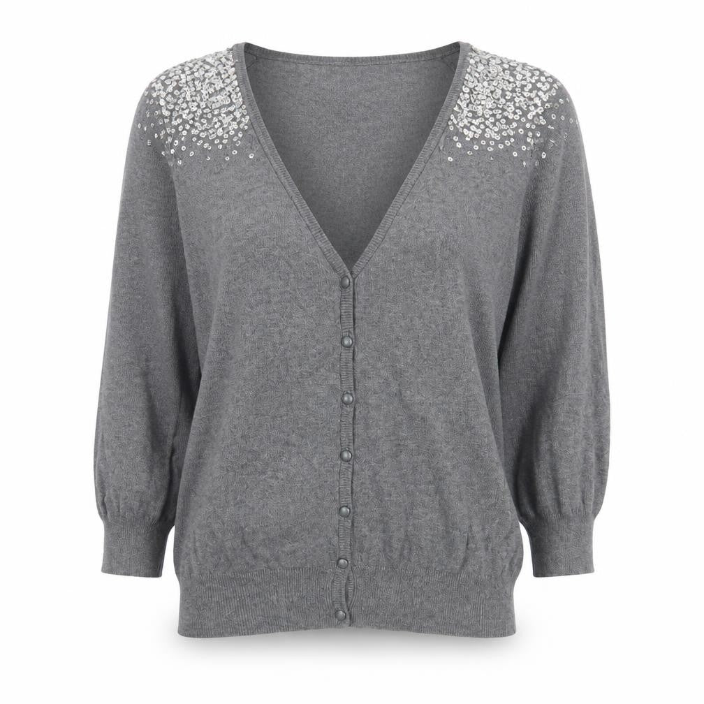 Front view of Evie women’s grey, size UK 14, sequin embellished cardigan