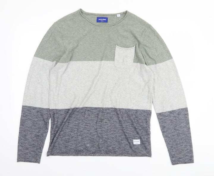 Jack & Jones Men's Multicoloured Striped Cotton Crew Neck Jumper Size M