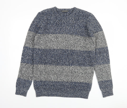Cedar Wood State Men's Blue Striped Chunky Knit Jumper M