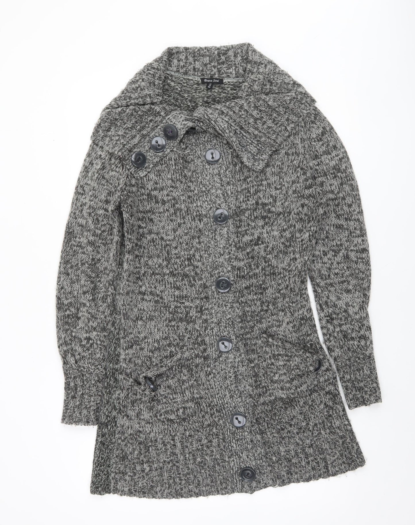 Brave Soul Women Grey Long Sleeve Collared Button Cardigan Size 14