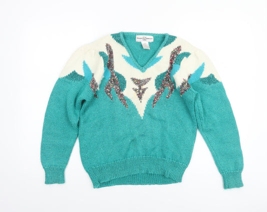 Daisy Daisy Women’s Blue Wool Blend V-Neck Retro Chunky Knit Jumper M