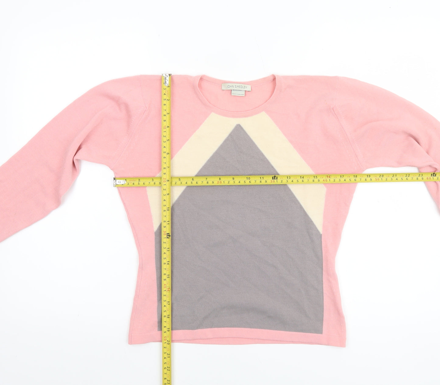 John Smedley Women Pink Merino Wool Geometric Pullover Jumper L