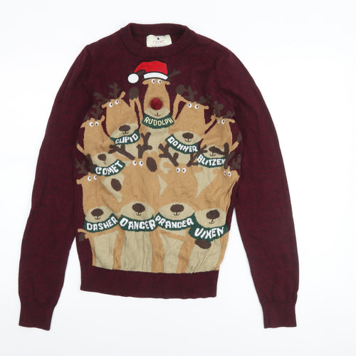 Next Men's Red Christmas Reindeer Jumper XS Crew Neck Cotton