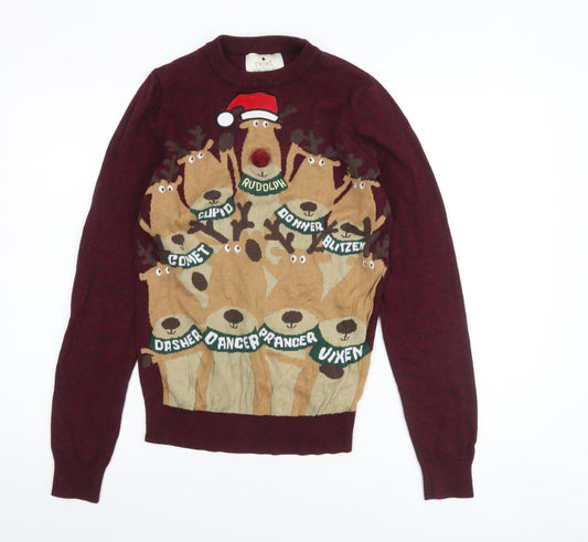 Next Men's Red Christmas Reindeer Jumper XS Crew Neck Cotton