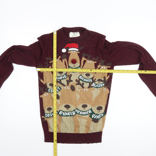 Next Men's Red Christmas Reindeer Jumper XS Crew Neck Cotton