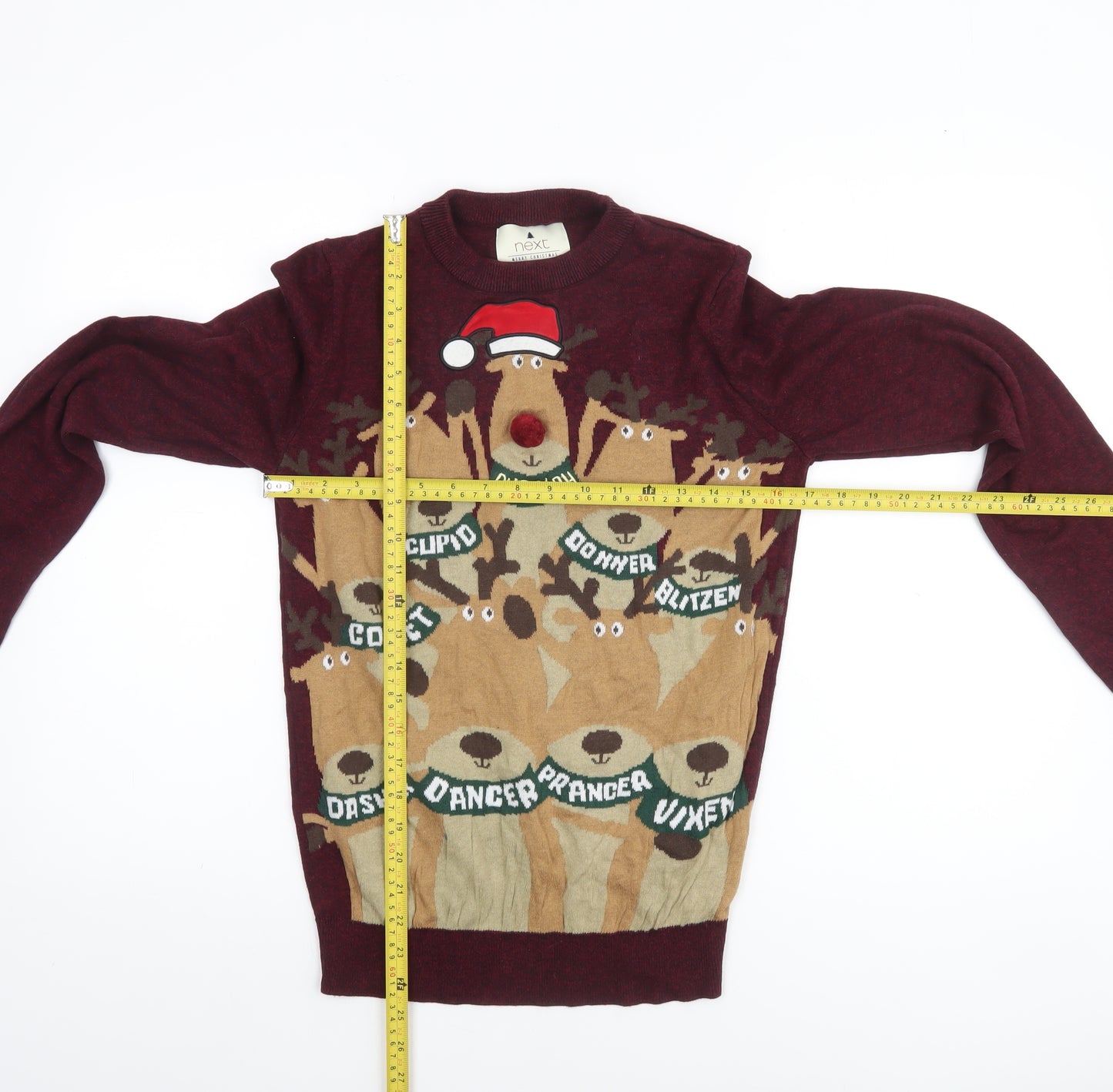 Next Men's Red Christmas Reindeer Jumper XS Crew Neck Cotton