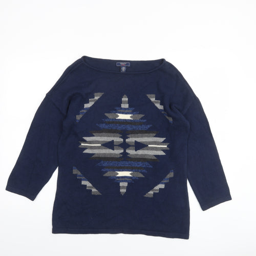 Chaps Women Blue Aztec Knit Cotton Pullover Jumper Size M