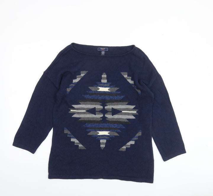 Chaps Women Blue Aztec Knit Cotton Pullover Jumper Size M